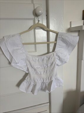 Zara White Smocked Peplum Crop Top with Flutter Sleeves